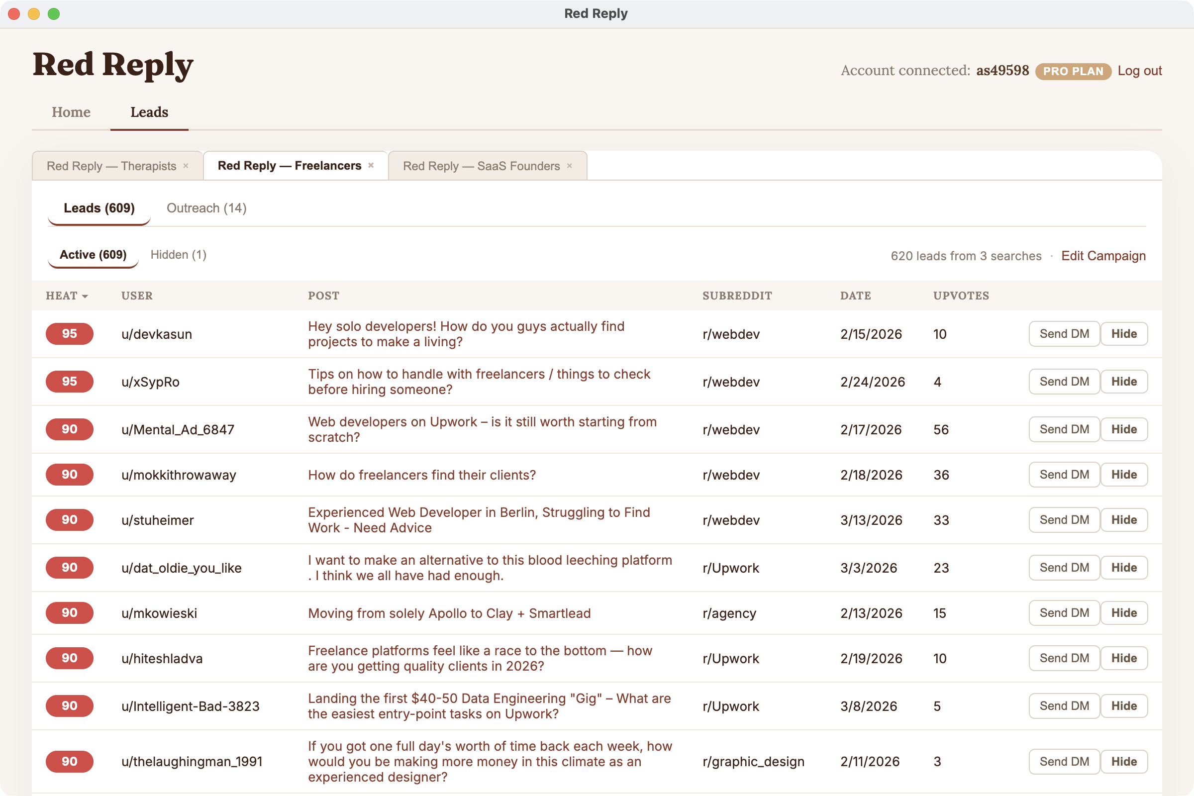 Red Reply leads view showing Reddit posts from potential customers